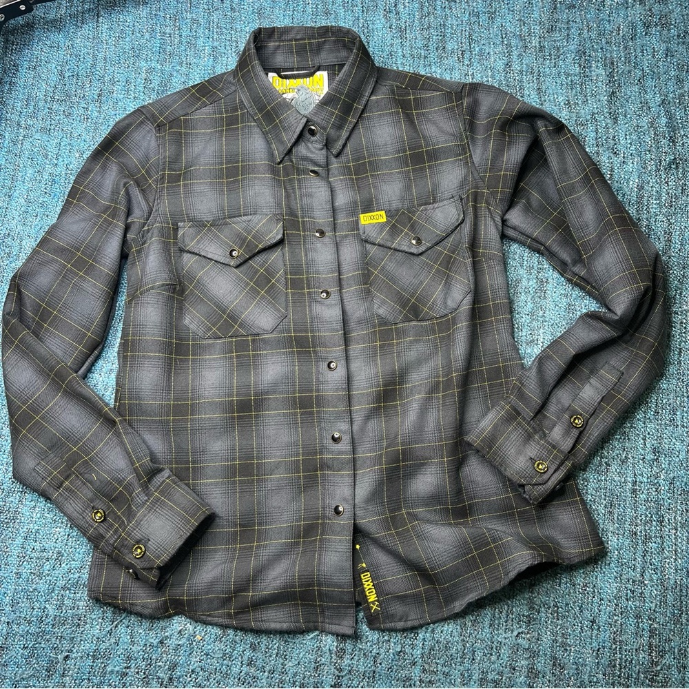 Dixxon The Raven Women's Long Sleeve Snap Flannel Shirt in Black Grey Yellow M